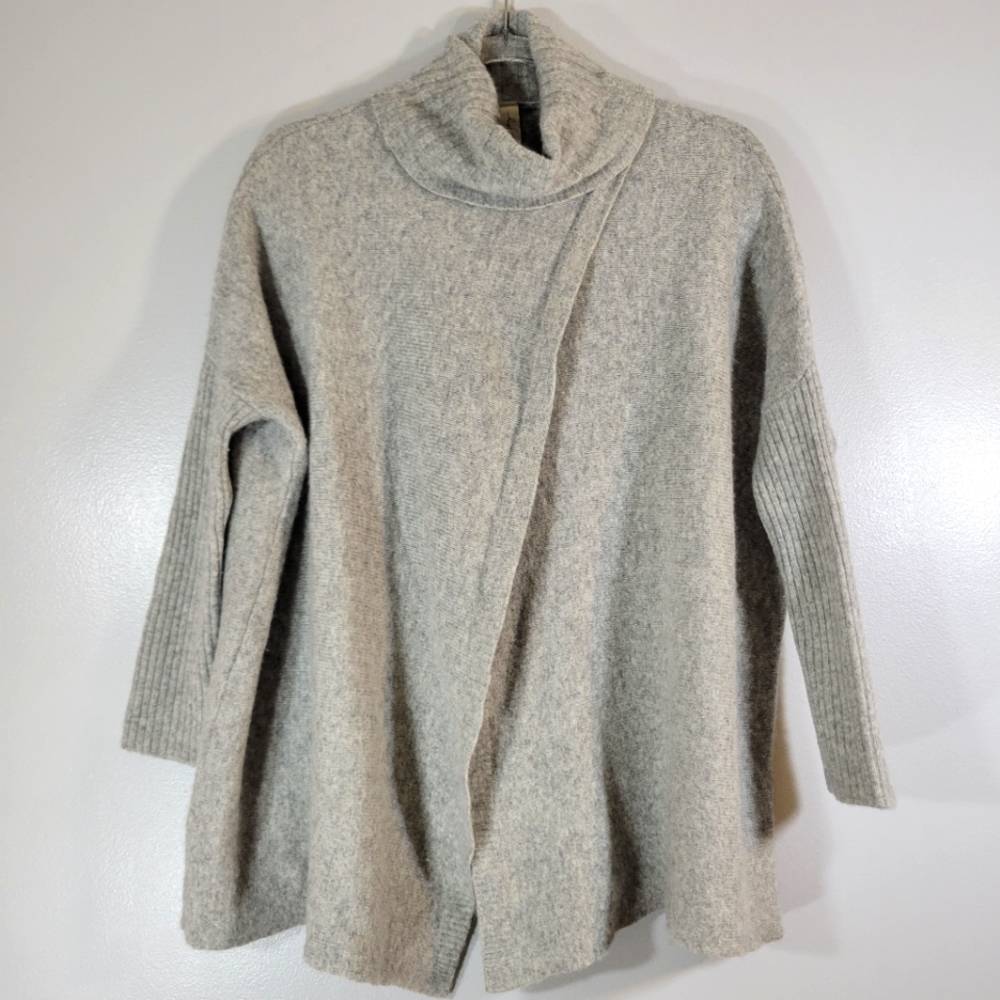 ALLISON JOY grey wool blend split front back popover turtleneck poncho sweater
